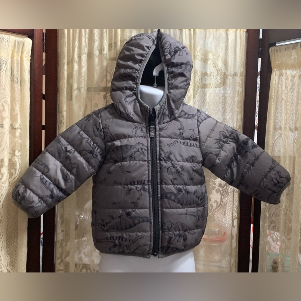 CARTERS HOODED DINOSAUR PUFFER COAT - SZ 12 MONTHS